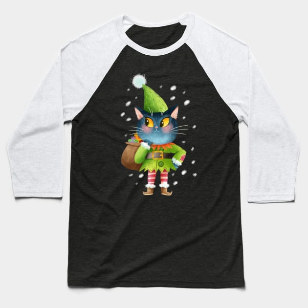 Happy Elf Cat Baseball T-Shirt by Geeksarecool